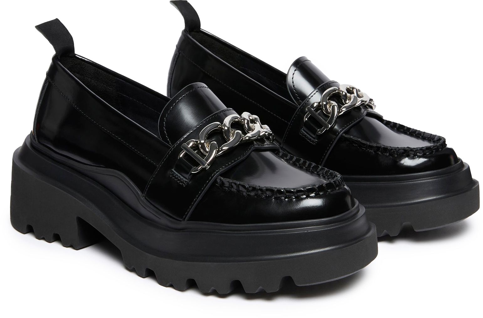 Womens G.H.Bass Platform Lug Chain Loafers Shoes In Black Leather 