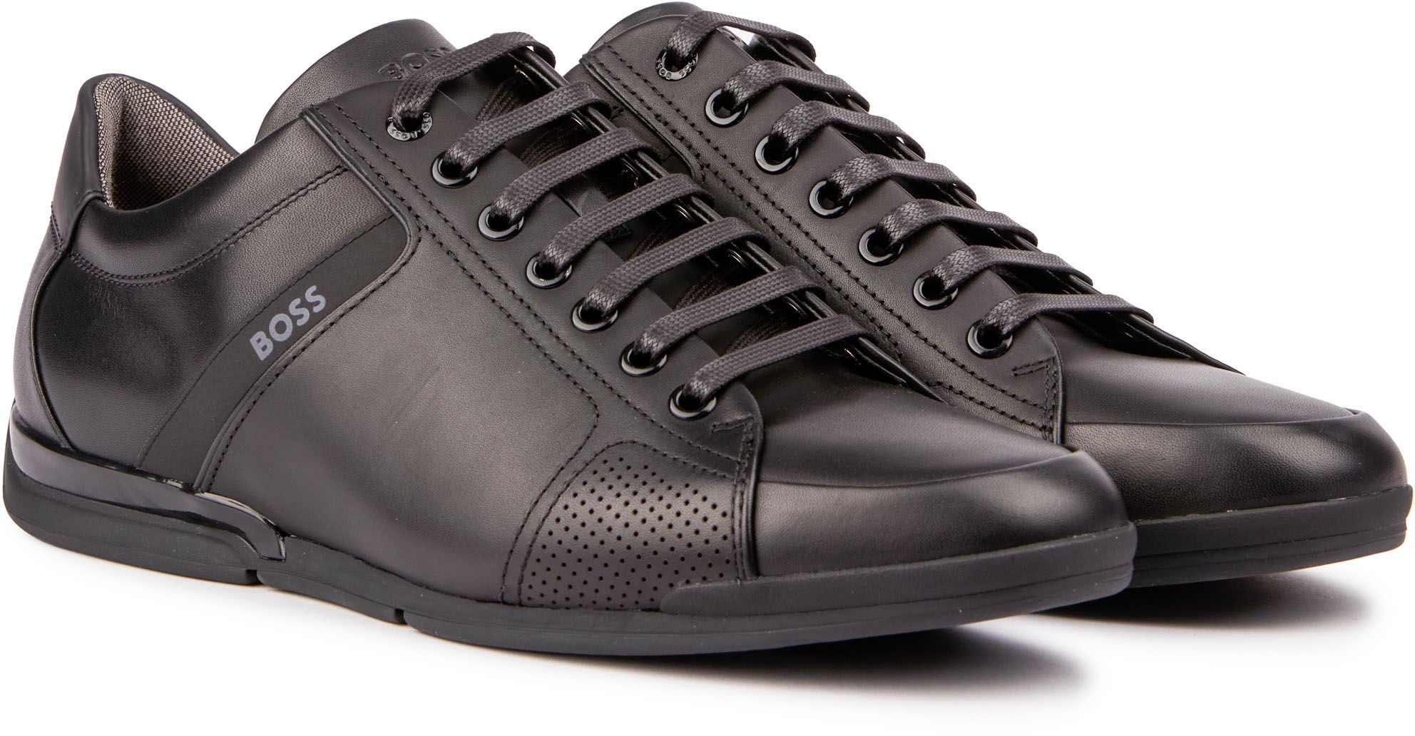 Mens Boss Saturn Core Leather Sneakers In Black Soletrader